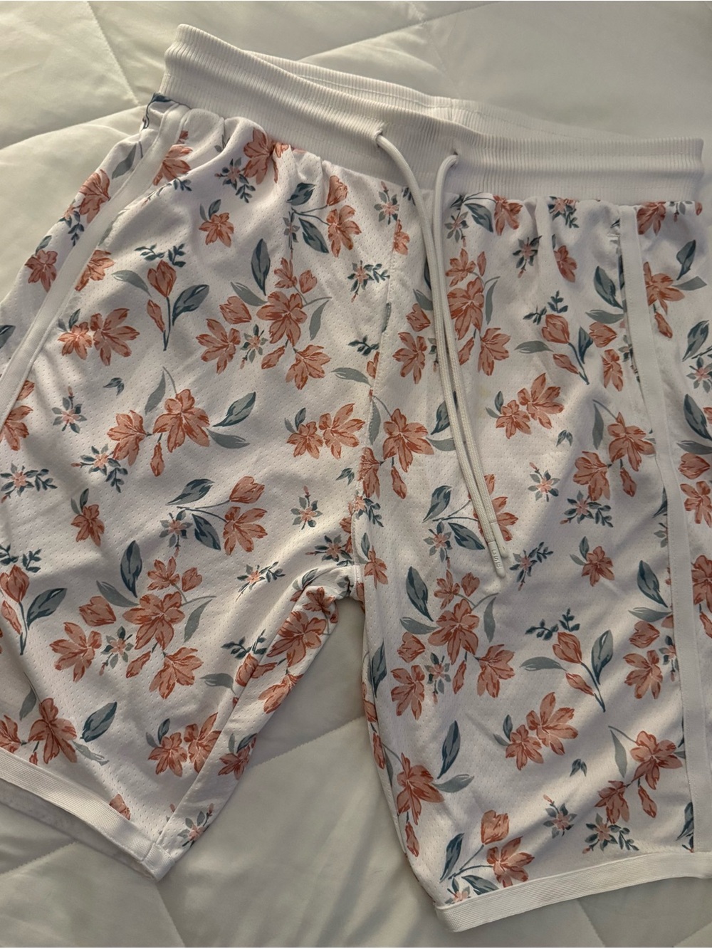 Men's Athletic Floral Drawstring Shorts - White with Coral Flowers